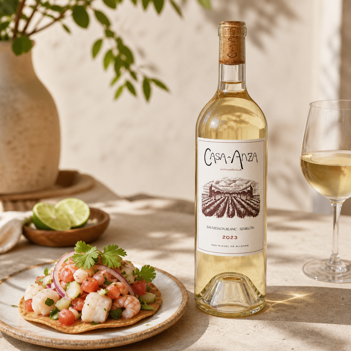 Casa Anza Sauvignon Blanc Semillón con tostada de ceviche en una mesa luminosa