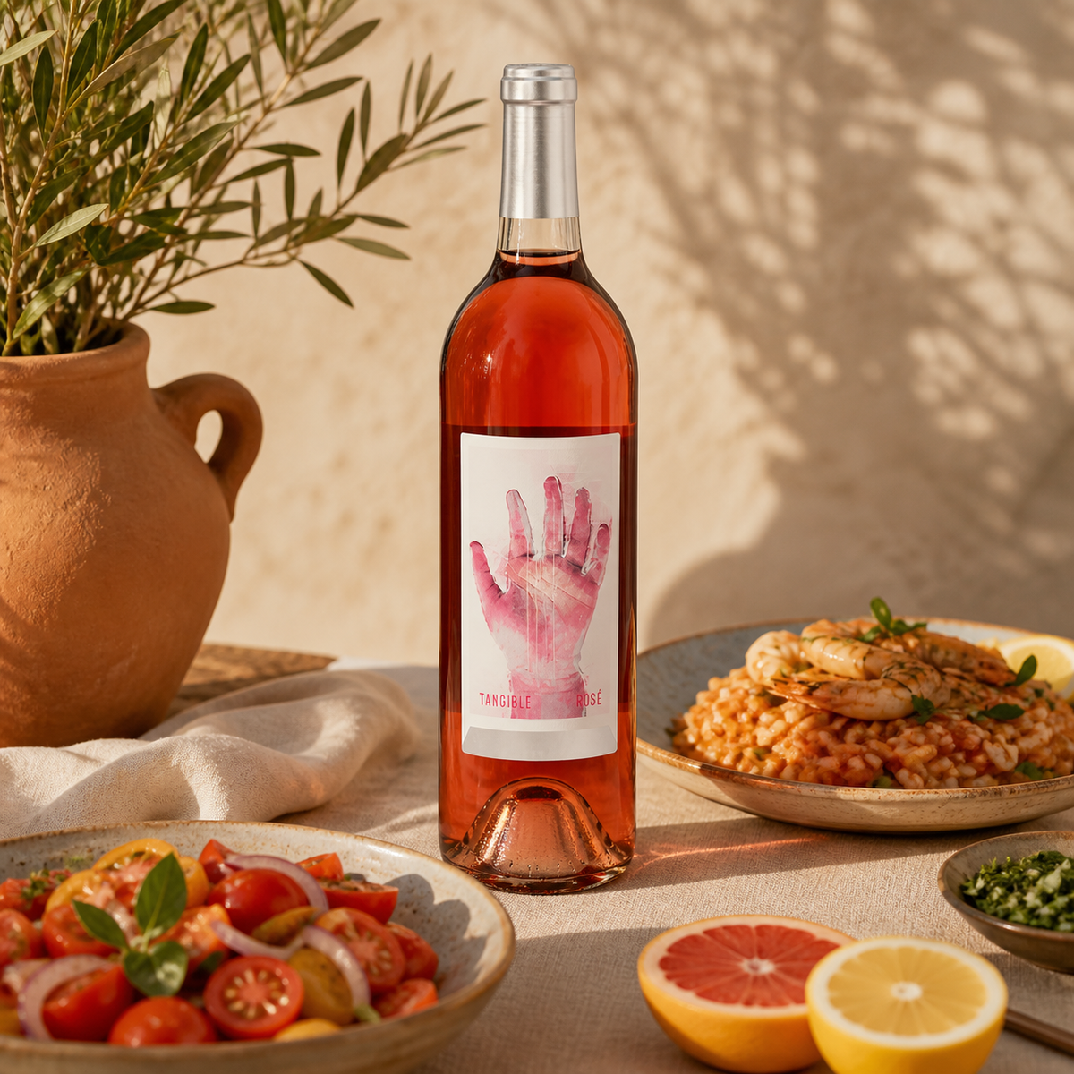 Epicentro Tangible Rosé con ensalada fresca y arroz con mariscos al atardecer