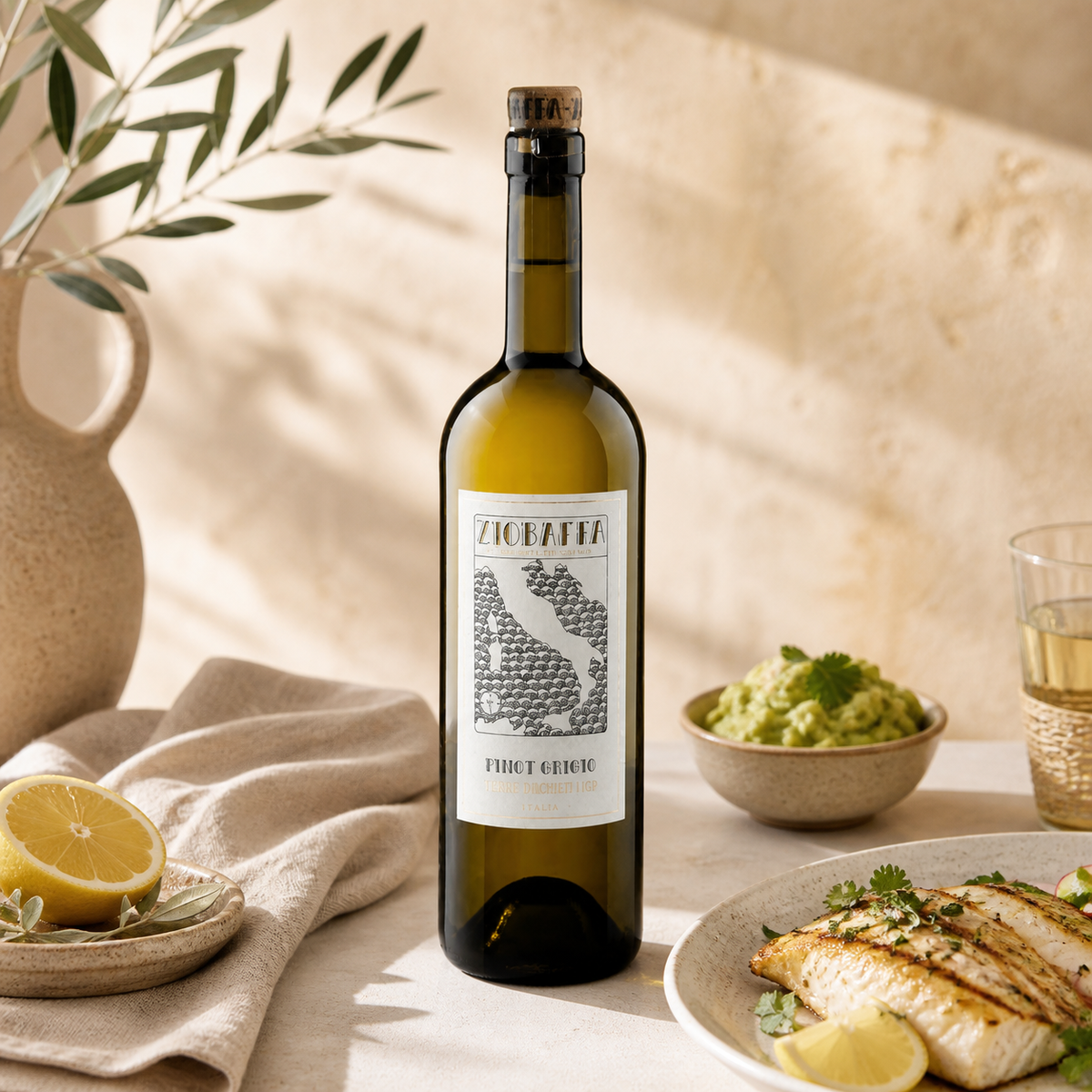 Ziobaffa Pinot Grigio con pescado a la parrilla, limón y guacamole