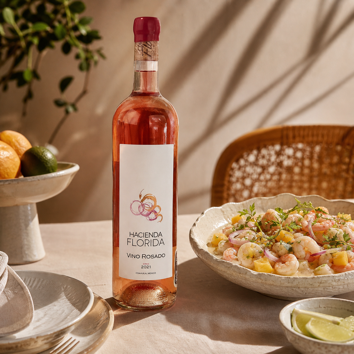 Hacienda Florida Rosado con ceviche de camarón en una mesa cálida