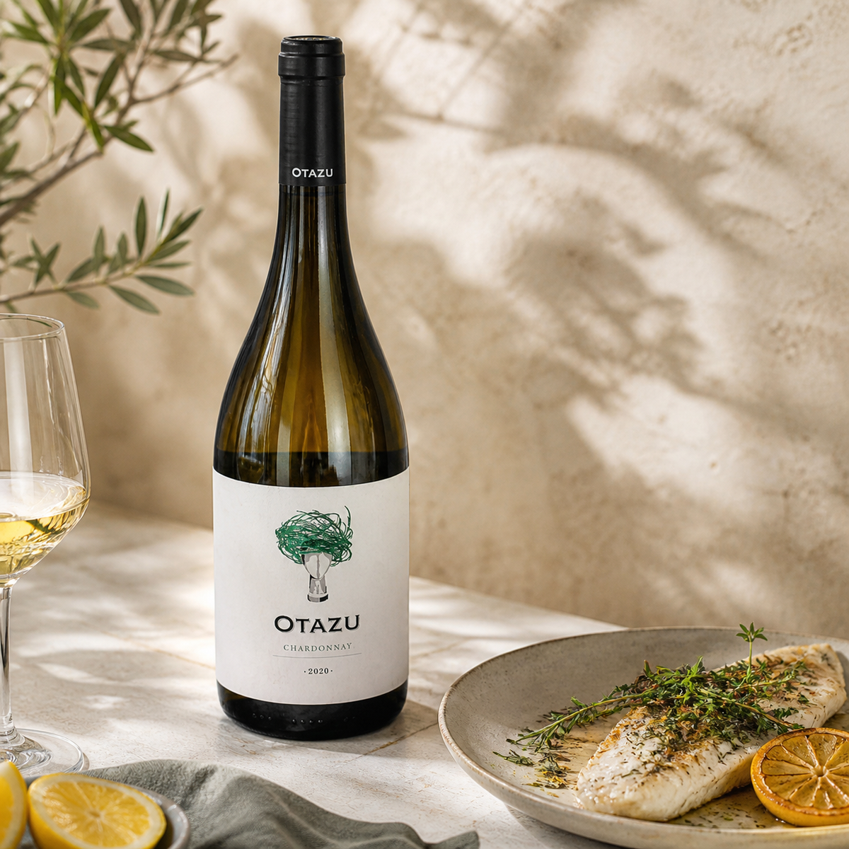 Otazu Chardonnay con pescado a la parrilla en una mesa luminosa