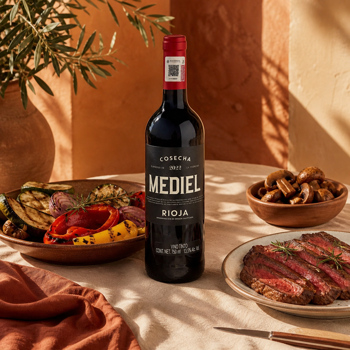 Mediel Cosecha con vegetales, hongos y carne a la parrilla