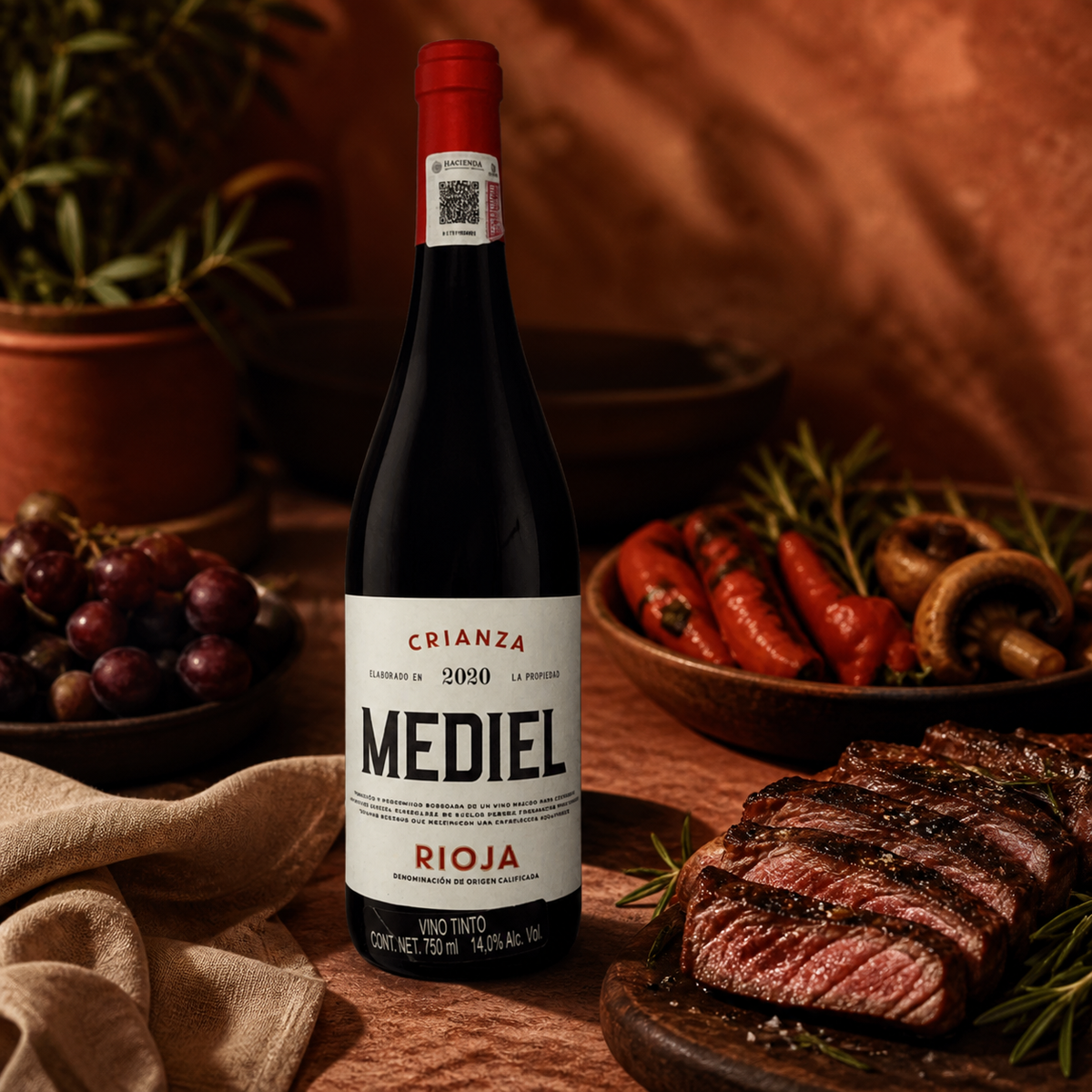 Mediel Crianza con corte de carne, pimientos y hongos rostizados