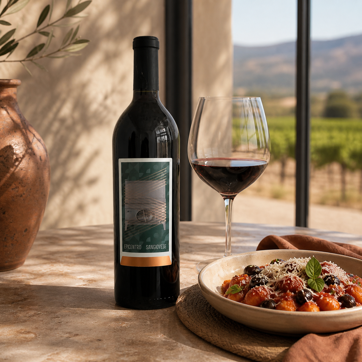 Epicentro Sangiovese con ñoquis en salsa de tomate en una mesa del Valle de Guadalupe