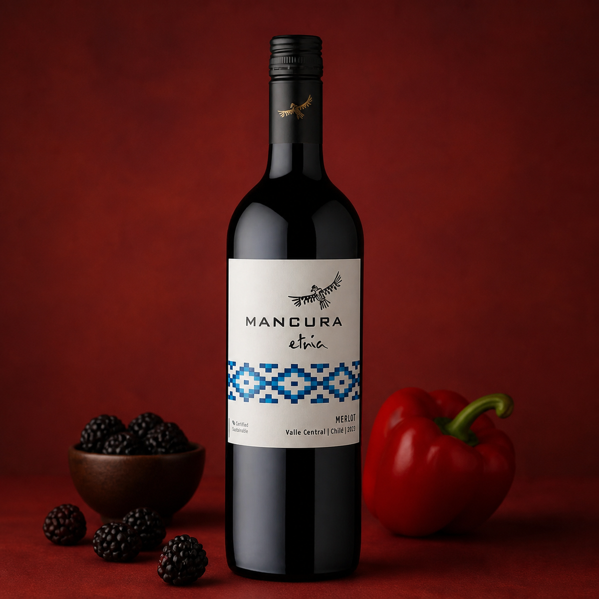 Mancura Etnia Merlot en bodegón con moras y pimentón