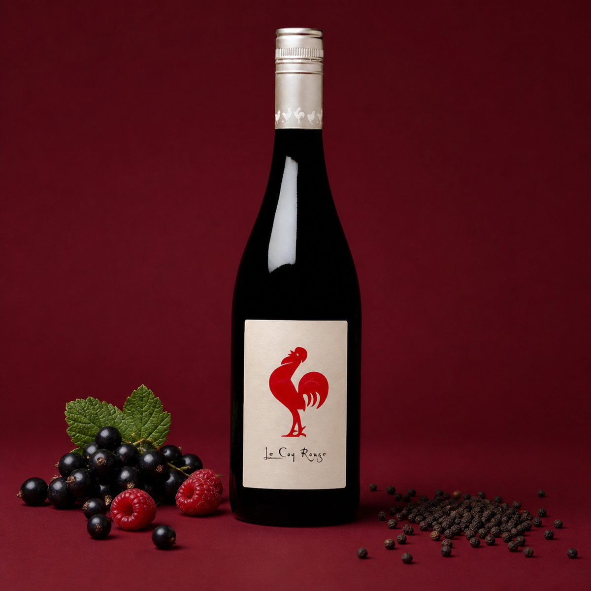 Le Coq Rouge en bodegón con cassis, frambuesa y pimienta