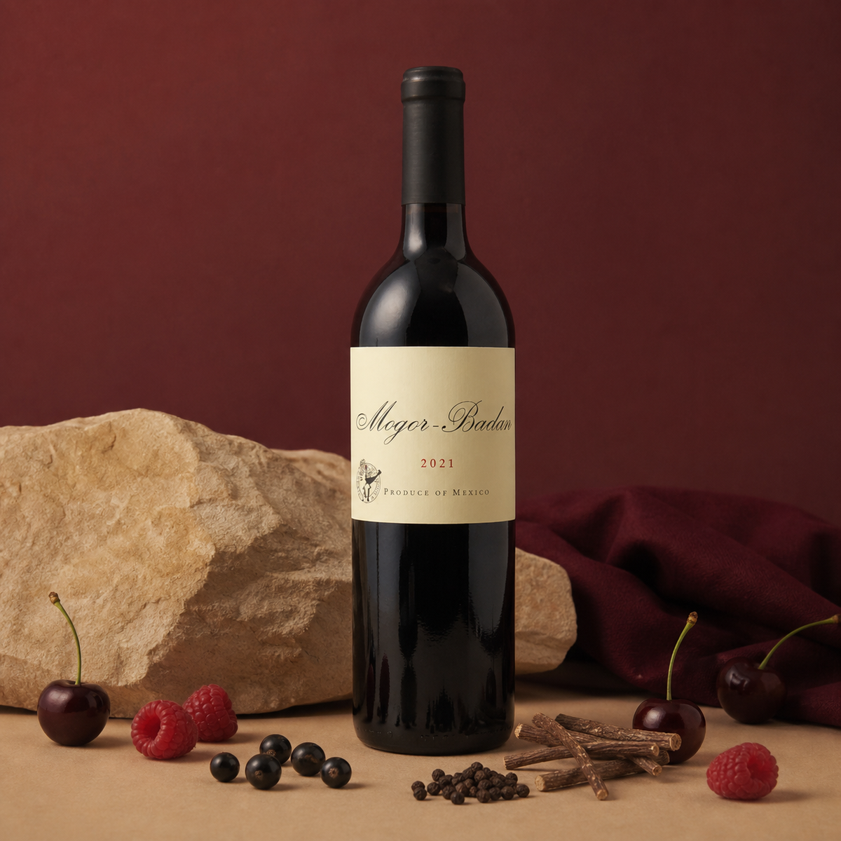 Mogor Badan en bodegón con cereza, frambuesa, cassis, pimienta y regaliz
