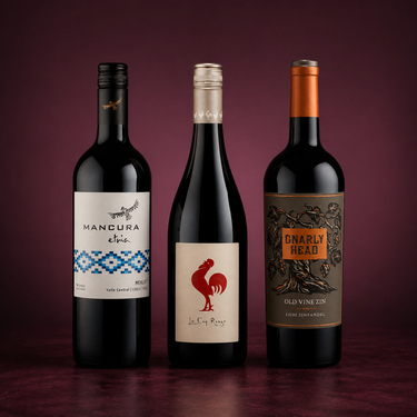 Mancura Merlot, Le Coq Rouge y Gnarly Head Zinfandel sobre fondo vino
