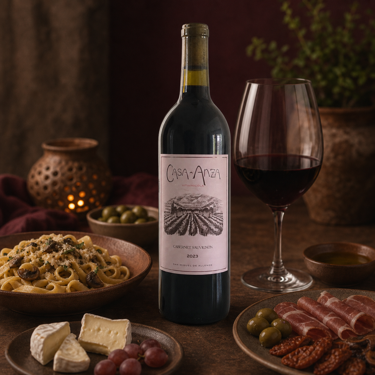 Casa Anza Cabernet Sauvignon en un bodegón con fruta roja y hierbas