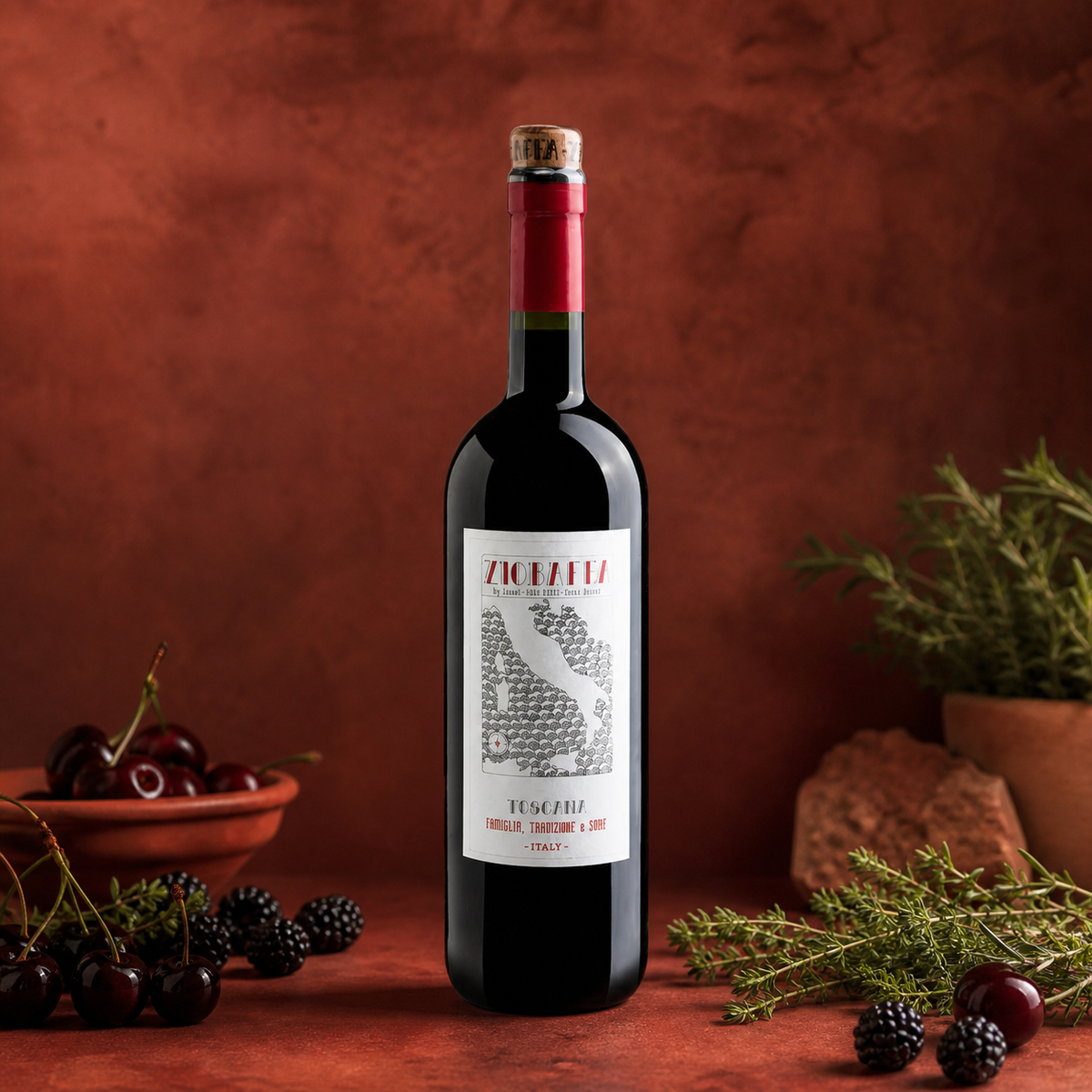 Ziobaffa Toscana en bodegón con cerezas, moras y hierbas mediterráneas
