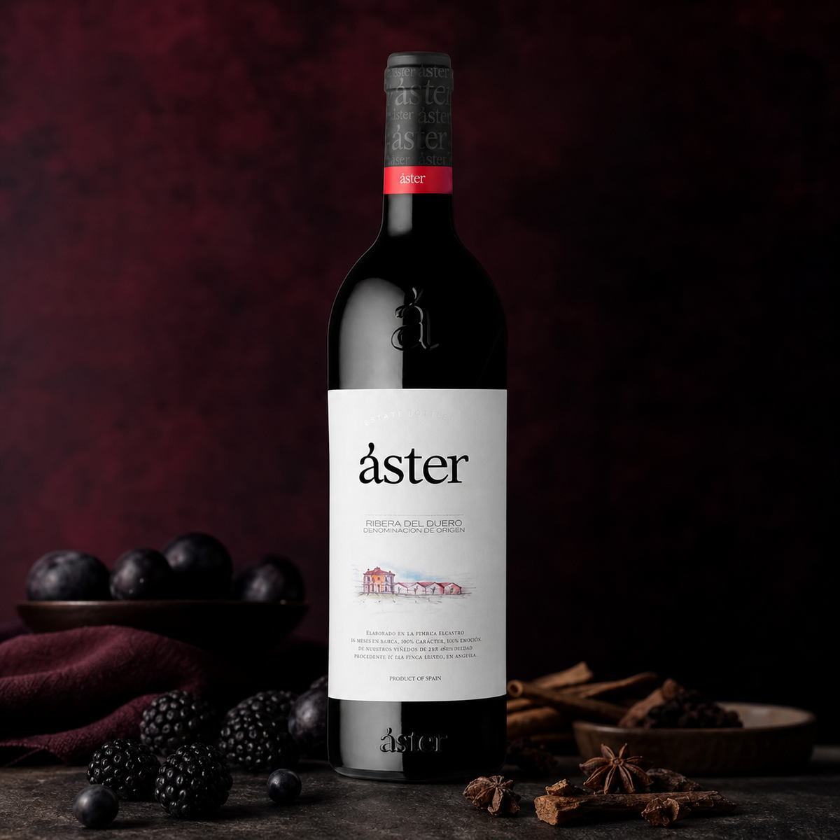 Aster Crianza en bodegón con moras, frutos negros y especias