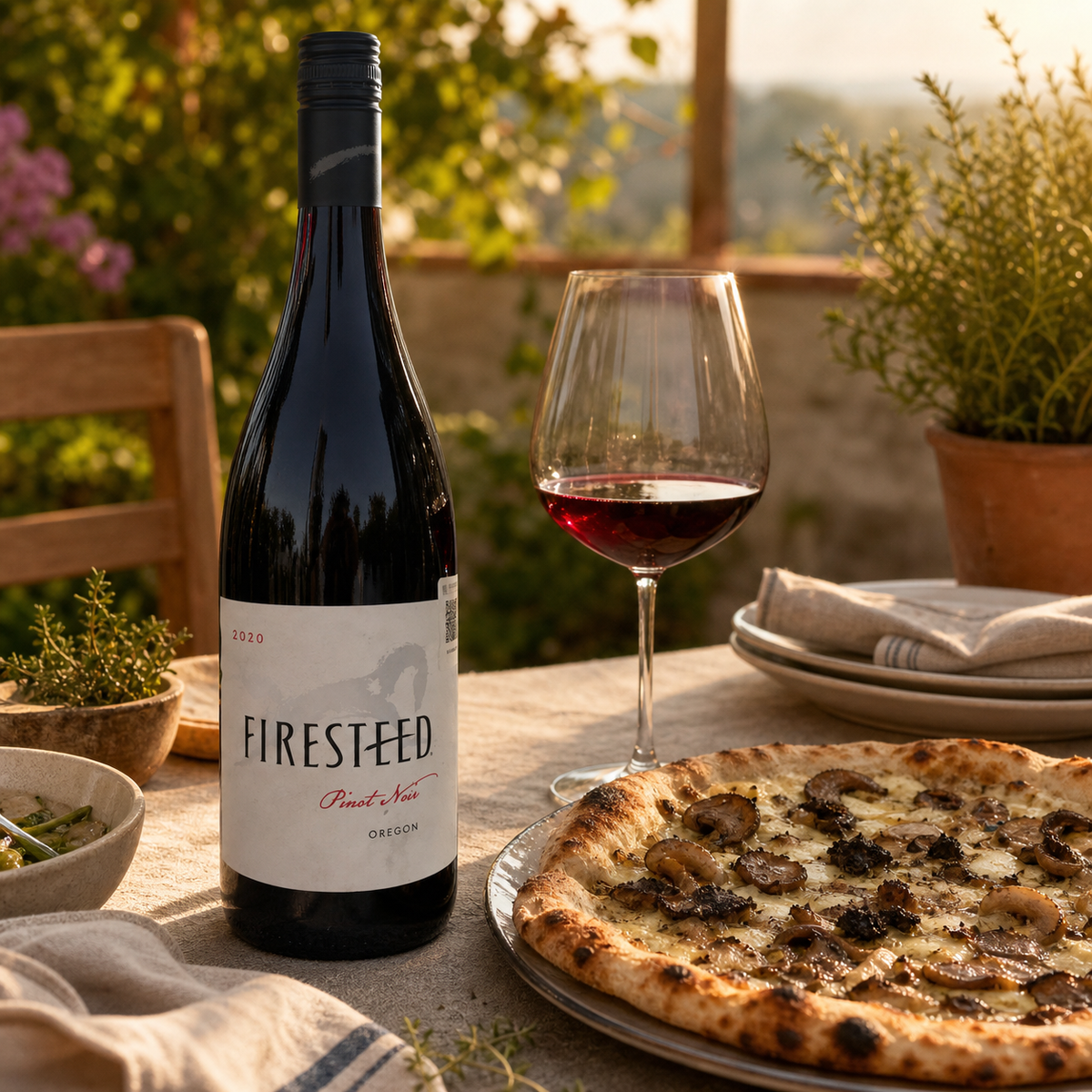 Firesteed Pinot Noir con pizza de hongos y trufa al atardecer