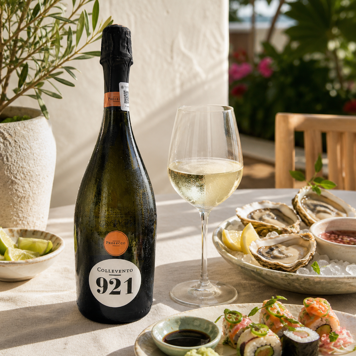 Collevento 921 Prosecco con ostras y sushi en una mesa de verano