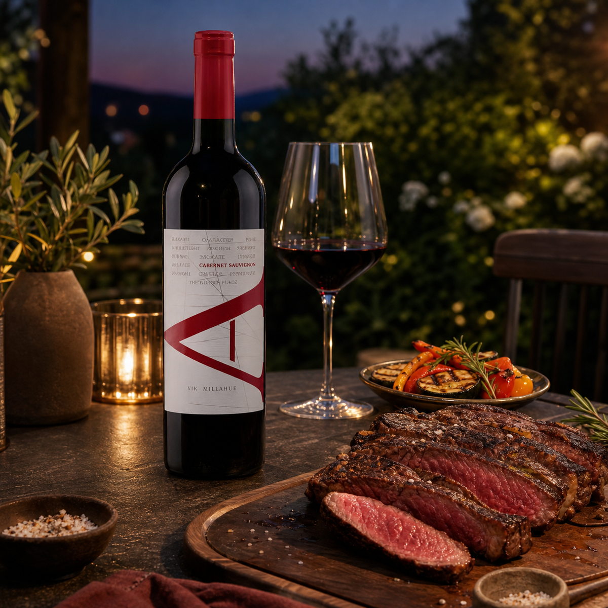 VIK A Cabernet Sauvignon con Rib Eye a la parrilla en una cena de verano